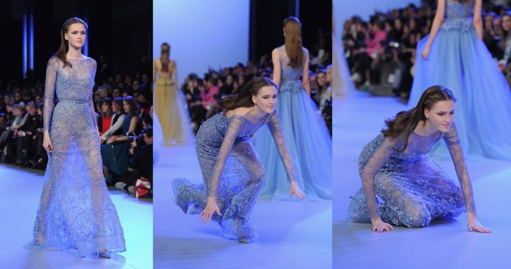 Model Falls On Runway At The Elie Saab Couture Show in Paris
